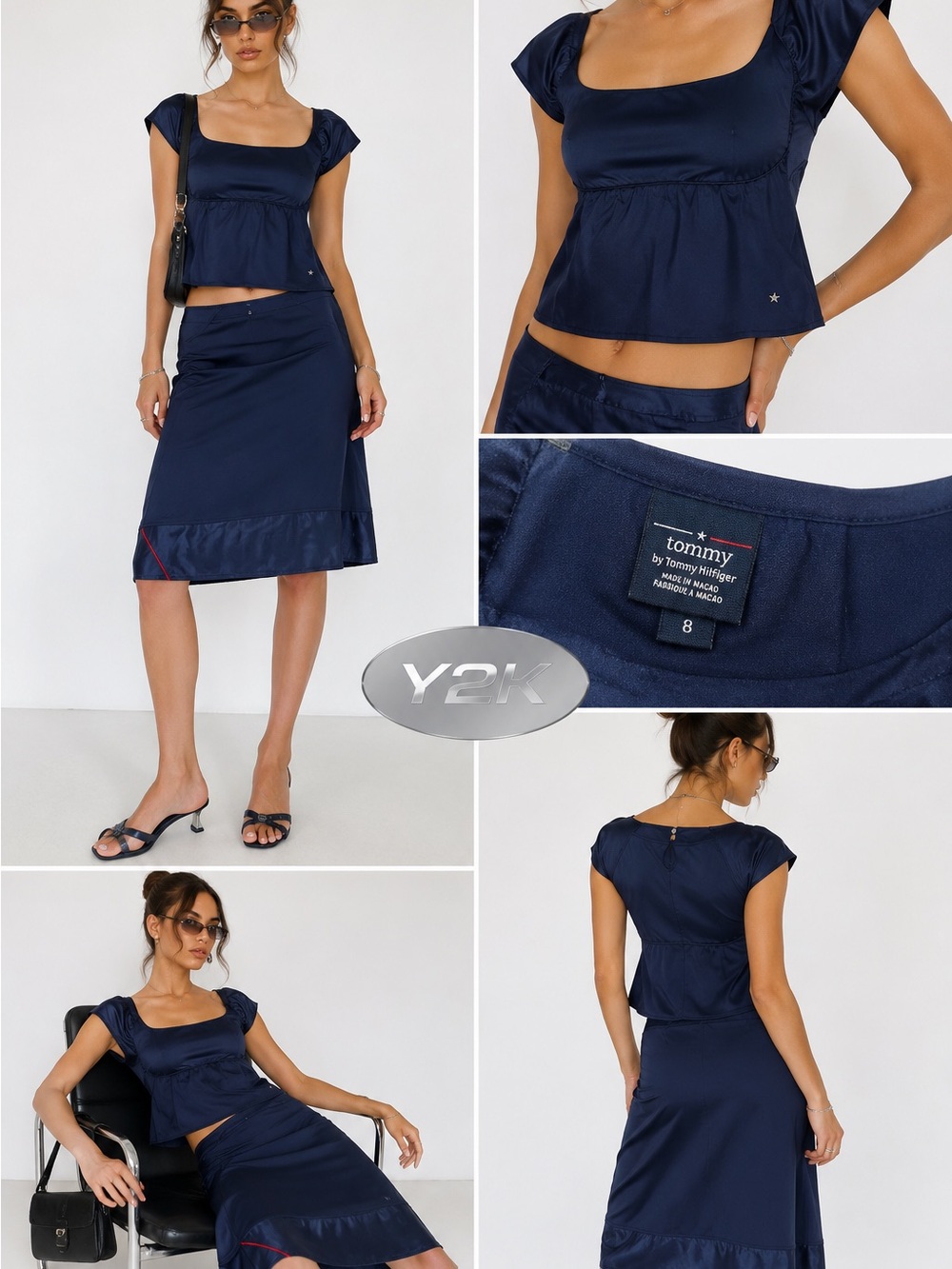 Tommy Hilfiger Navy Satin Midi Skirt